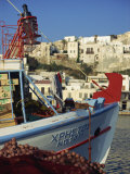 Boat and Village, Naxos, Cyclades, Greek Islands, Greece, Europe