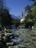 River Running Past the Church in Ramsau, Near Berchtesgaden, Bavaria, Germany, Europe