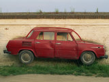 Half a Skoda on a Wall in a Car Salesyard Near Piestany, Slovakia, Europe