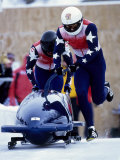 Two Man Bobsled Team Pushing Off at the Start, Lake placid, New York, USA