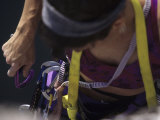 Detail of Female Rock Climber Clipping Carabiner, New Paltz, New York, USA