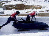 Two Man Bobsled Team Pushing Off at the Start , Lake placid, New York, USA