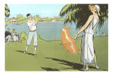 Golfer and Lady with Umbrella