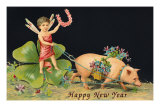 Happy New Year, Dragonfly-Boy with Pig