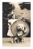 Little Girl Clown with Drum and Dog