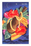 Graphic of Ukulele and Tropical Flowers, Aloha Premium Poster