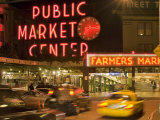 Night lights of Pike Place Market in Seattle, Washington, USA