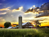 Silo, Barn, and Cornfield of an American Farm Backlit at Sunset