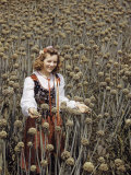 Woman in Polish Costume Inspects a Seed Patch in an Onion Field