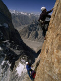 Expedition Member Leads a Difficult Pitch Above Hanging Camp on Nameless Tower