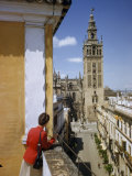 Woman Stands on Terrace Overlooking Street Leading to the Giralda