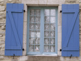 Lace Curtain Adorned with Birds Inside a Window with Blue Shutters