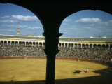 Buy Bullfighter Waves Red Cape in Front of a Bull and a Crowded Stadium at AllPosters.com