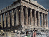 Buy Women Rest at the Parthenon Whose Damaged Structure Is under Repair at AllPosters.com