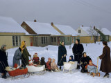 Buy Women Push Children in Miniature Sleighs on Snow-Covered Street at AllPosters.com