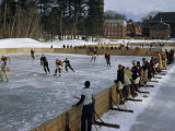 Students Play Ice Hockey on Frozen Pond on Private School's Campus