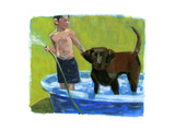 Boy with His Dog in the Pool