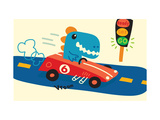 Blue T-Rex in Red Racecar