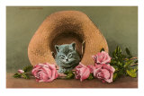 Kitten in Straw Hat with Roses