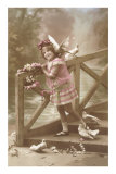 Girl with Doves on Bridge