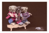 Dressed Kittens Fleeing Mouse