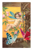 Victorian Cherub Swinging in Roses