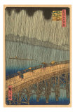 Japanese Woodblock, Crossing Bridge in Rain