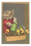 Dressed Kitten Watering Pansies