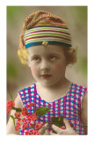 Little Girl in Cap Holding Orchids