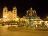 Fountain Lit Up at Night at a Town Square, Cuzco, Cusco Province, Cusco Region, Peru