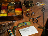 Buy Uk, Antique Fly-Tying Equipment with a Traditionally Tied Salmon Fly in Vice on a Fly-Tiers Bench at AllPosters.com