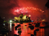 New South Wales, Sydney, Opera House and Coathanger Bridge with Boats in Sydney Harbour, Australia