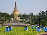 Burma, Yangon, Gardeners Tend the Grounds of the Shwedagon Temple, the Most Sacred of All Buddhist 