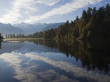 South Island, Lake Matheson at Night Reflecting a Near Perfect Image of Mt Tasman and Aoraki Mount 