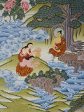 Thangka Painting of Sujata Giving Milk Rice to Buddha, Bhaktapur, Nepal, Asia