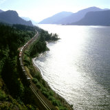 Freight Train Traveling Along Columbia River, Columbia River Gorge, Oregon, USA