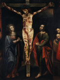 Christ on the Cross with Virgin Mary and Saint John painted, 17th century Cuzco school, Peru
