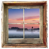 Farmyard Sunrise Viewed Through an Old Window Frame