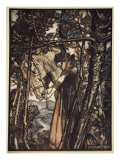 Brunnhilde silently leads horse down path to cave, illustration, 'The Rhinegold and the Valkyrie'