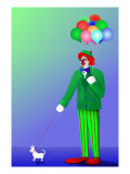 Clown Holding Balloons and Dog on Leash