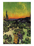 Landscape with Couple Walking and Crescent Moon Premium Poster