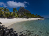 Sun Loungers on Beach and Mont Brabant (Le Morne Brabant), Mauritius, Indian Ocean