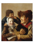 Buy A Grinning Boy in a Fur Hat Holding a Dog, a Girl with a Cat and a Boy Gesturing at AllPosters.com
