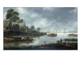 A River Estuary with Fishermen and Other Figures in Boats, the Town of Haarlem Beyond, 1675