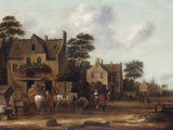 Dutch Village Scene with Figures and Horses Resting outside a House, 1660