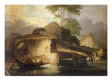 Chineses River Landscape with a Boat and Natives Gathering Water