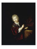 Portrait of a Young Boy holding a Parakeet beside a Statue of the Infant Hercules