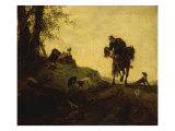 Buy Landscape with a Horseman on a Roadside Greeting Two Ladies Seated on a Hill at AllPosters.com
