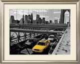 Yellow Cab on Brooklyn Bridge Framed Art Print