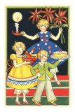 Merry Christmas, Children with Poinsettias, Fruit and Cake